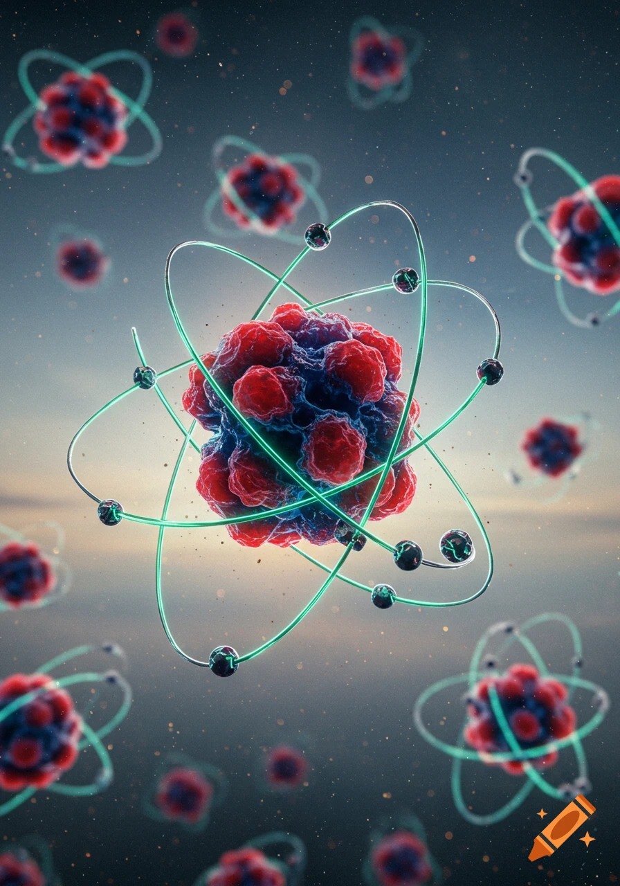 A detailed, colorful illustration of a stylized atom with a red nucleus and green electron orbits, surrounded by other atoms.