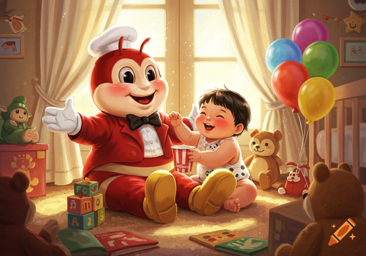 A cheerful cartoon illustration of the Jollibee mascot sitting with a happy baby in a sunny nursery filled with toys and balloons.