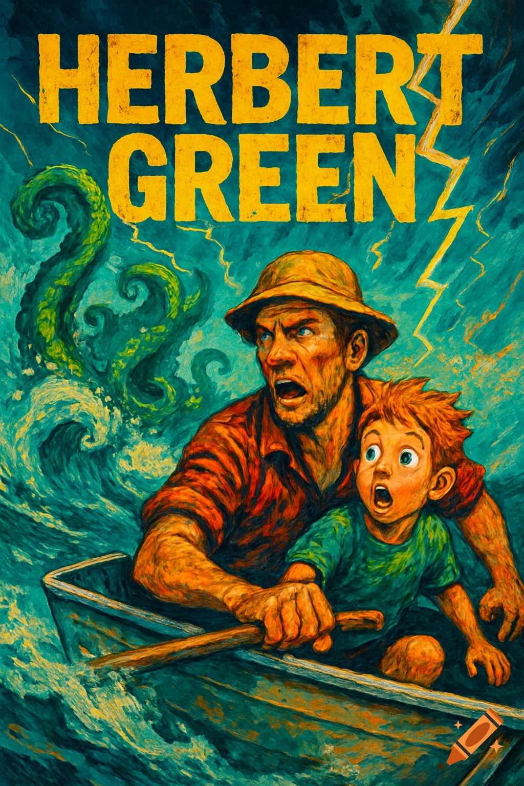 Stylized painting of a man and boy in a boat fleeing a green sea monster in stormy water, with 'HERBERT GREEN' text.