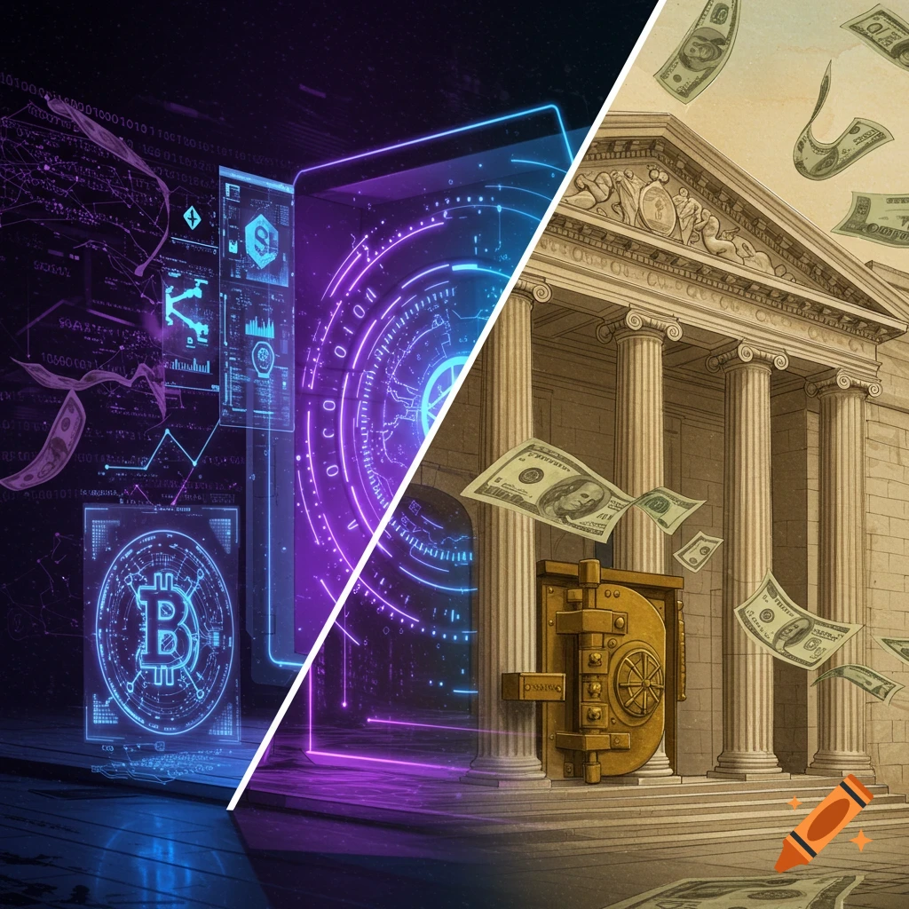 Split image showing a futuristic crypto banking interface with glowing data and a Bitcoin logo on the left, and a classical bank building with falling money on the right.