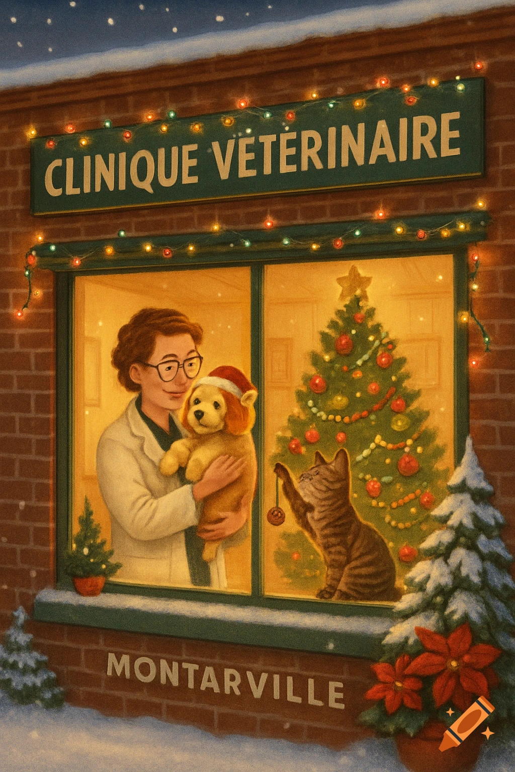 A festive illustration of a vet holding a puppy in a clinic window with a cat, a Christmas tree, and snow outside.