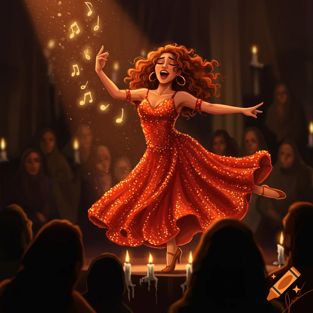 A stylized illustration of a vibrant woman in a red sparkling dress dancing and singing on a dimly lit stage, with musical notes floating around her.