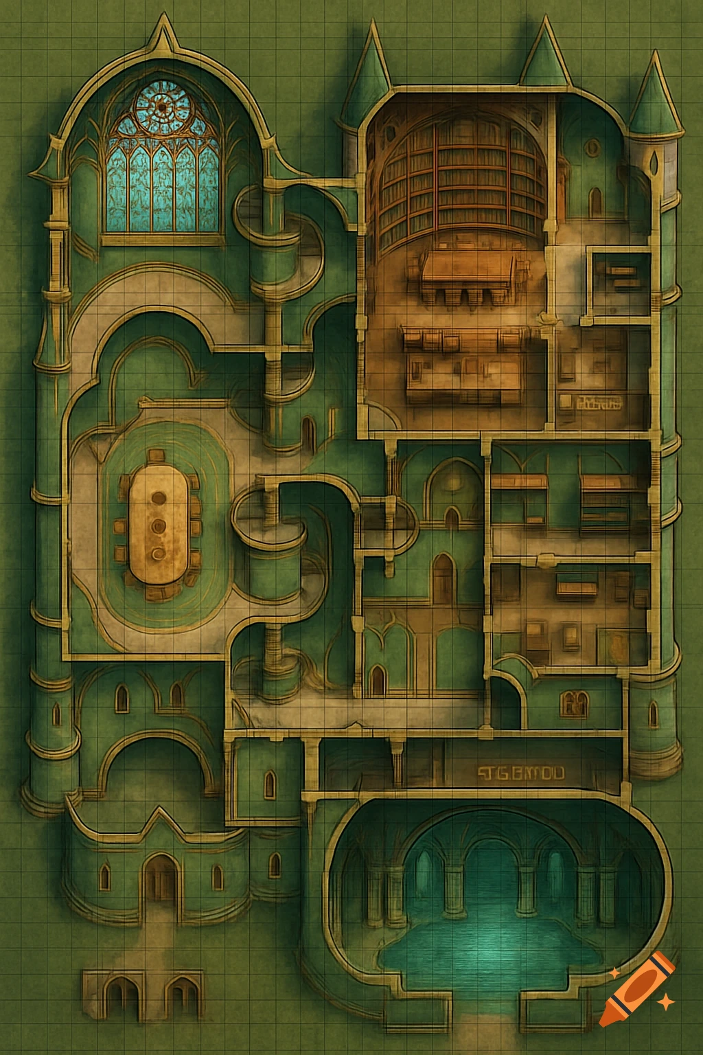 Overhead view of a detailed three-level fantasy D&D grid map of an elven castle interior with a library, dining hall, and underground temple.