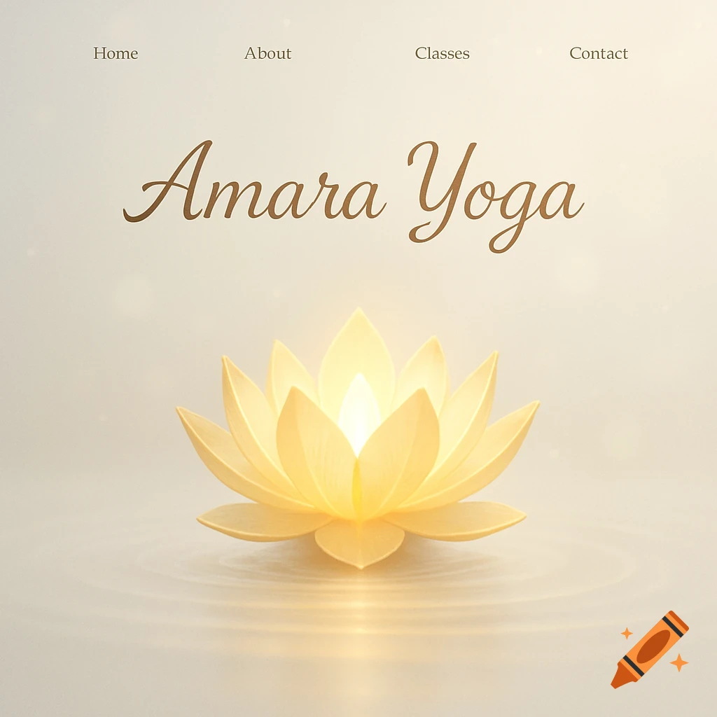 A serene web page design showcasing a glowing golden lotus flower in water with 'Amara Yoga' as the main title and navigation links.