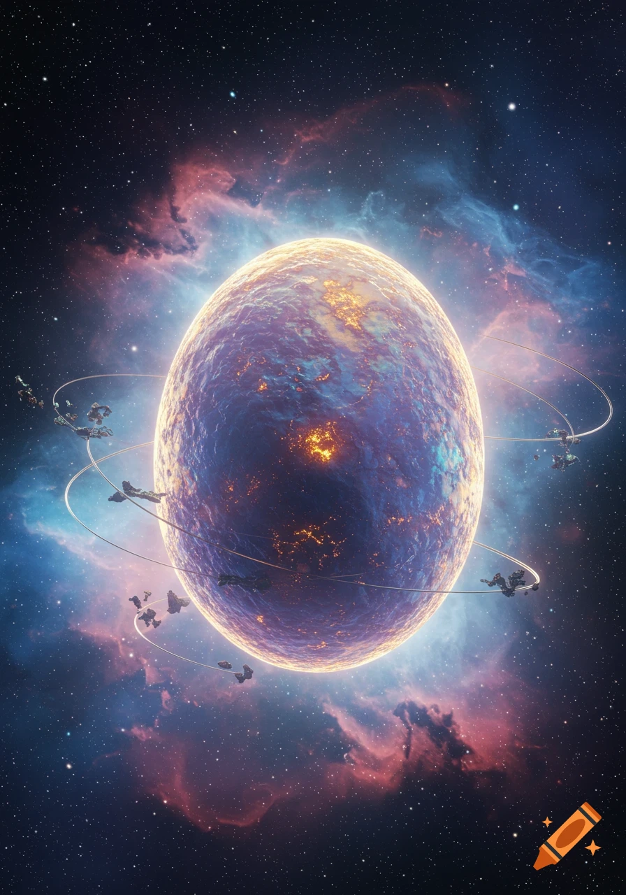 A glowing blue and purple planet with bright orange lights, orbited by rings and small spacecraft, against a starry nebula.