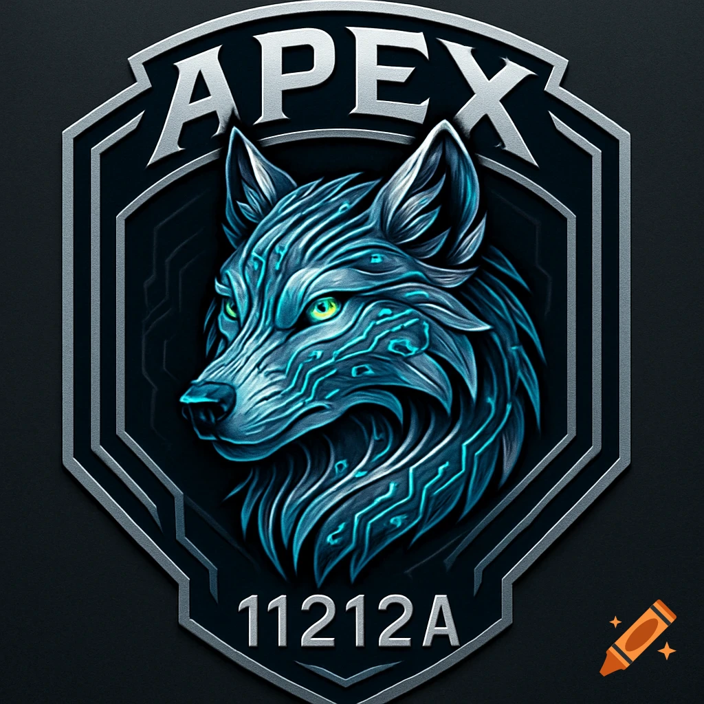 A futuristic grey and teal robotic wolf head logo inside a shield emblem with the text 'APEX' and '11212A'.