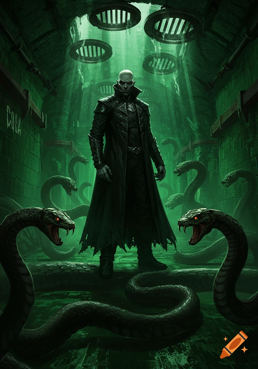 A bald villain in a long black coat stands in a dark, green-lit sewer surrounded by glowing-eyed snakes, digital art.