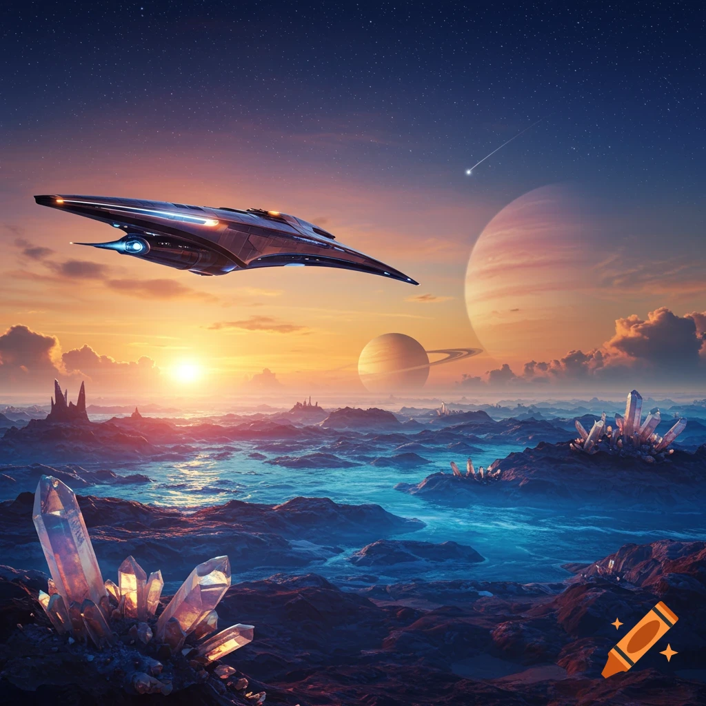 A sleek spaceship flies over an alien world with glowing crystal formations, flowing water, and multiple gas giants in a cosmic sunset sky.