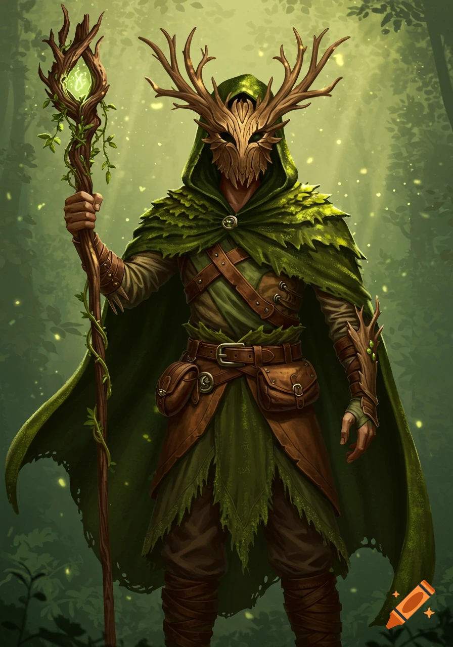 A mystical druid in a leaf mask, green cloak, and brown leathers, holding a glowing gnarled wooden staff in a forest. Digital art.