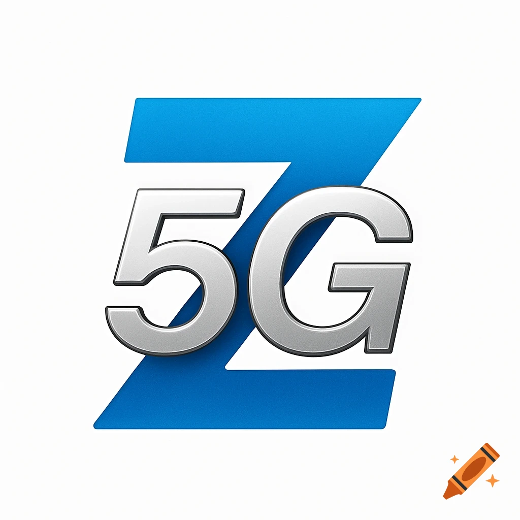 A metallic silver '5G' logo in front of a bold blue letter 'Z' on a white background.