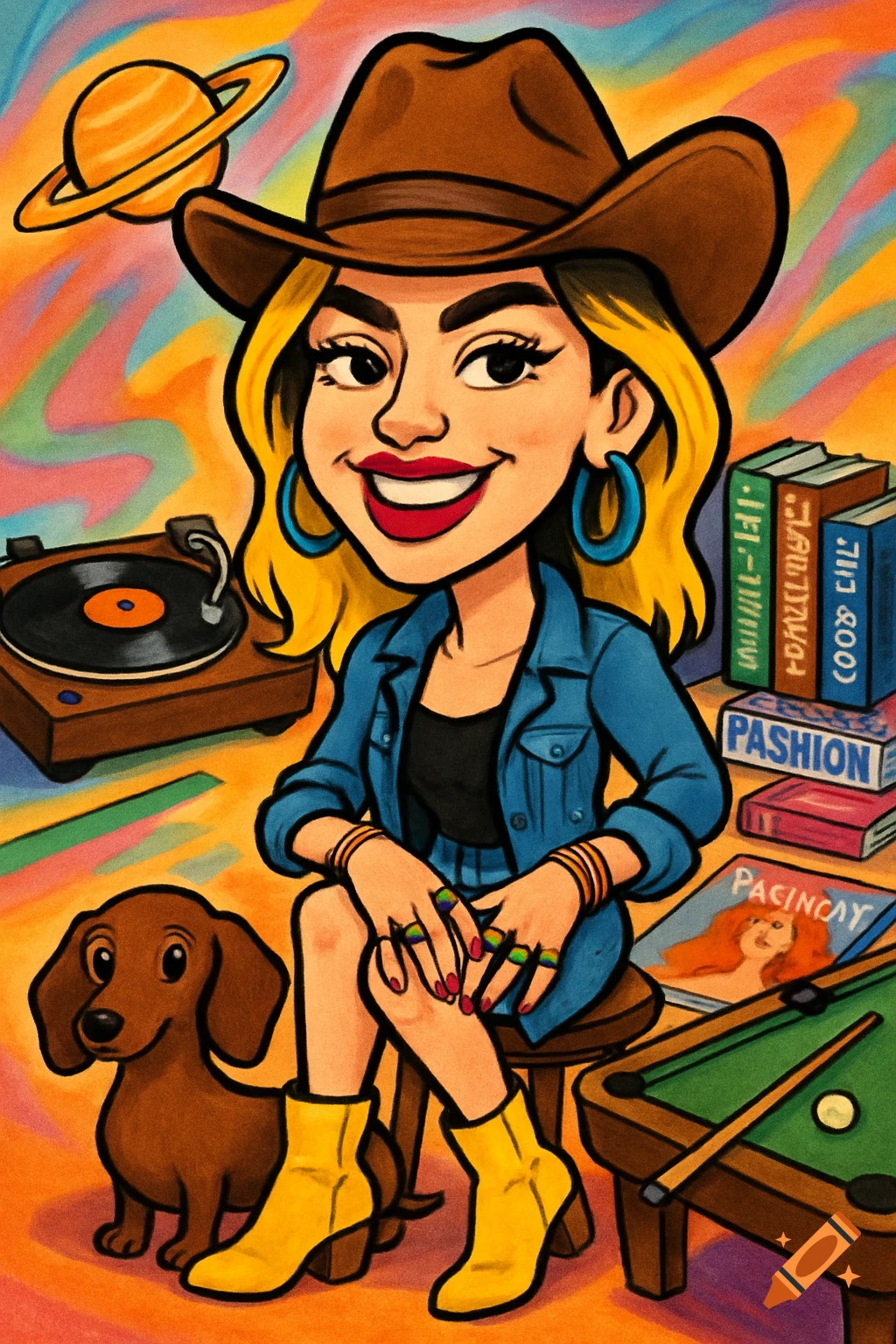 Cartoon caricature of a stylish woman in a cowboy hat and yellow boots, sitting with a dachshund. She is surrounded by a turntable, books, a pool table, and Saturn.