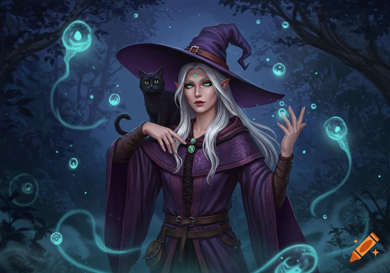 A white-haired witch with a black cat on her shoulder, surrounded by glowing magical orbs in a dark forest.