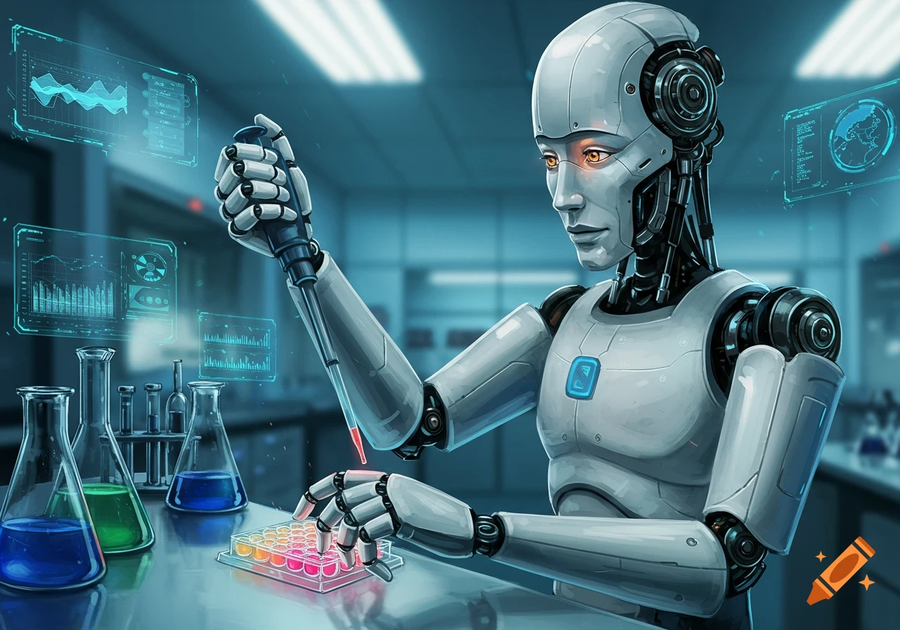 A silver robot in a futuristic lab uses a pipette to add liquid to a microwell plate, surrounded by glowing data screens and beakers.
