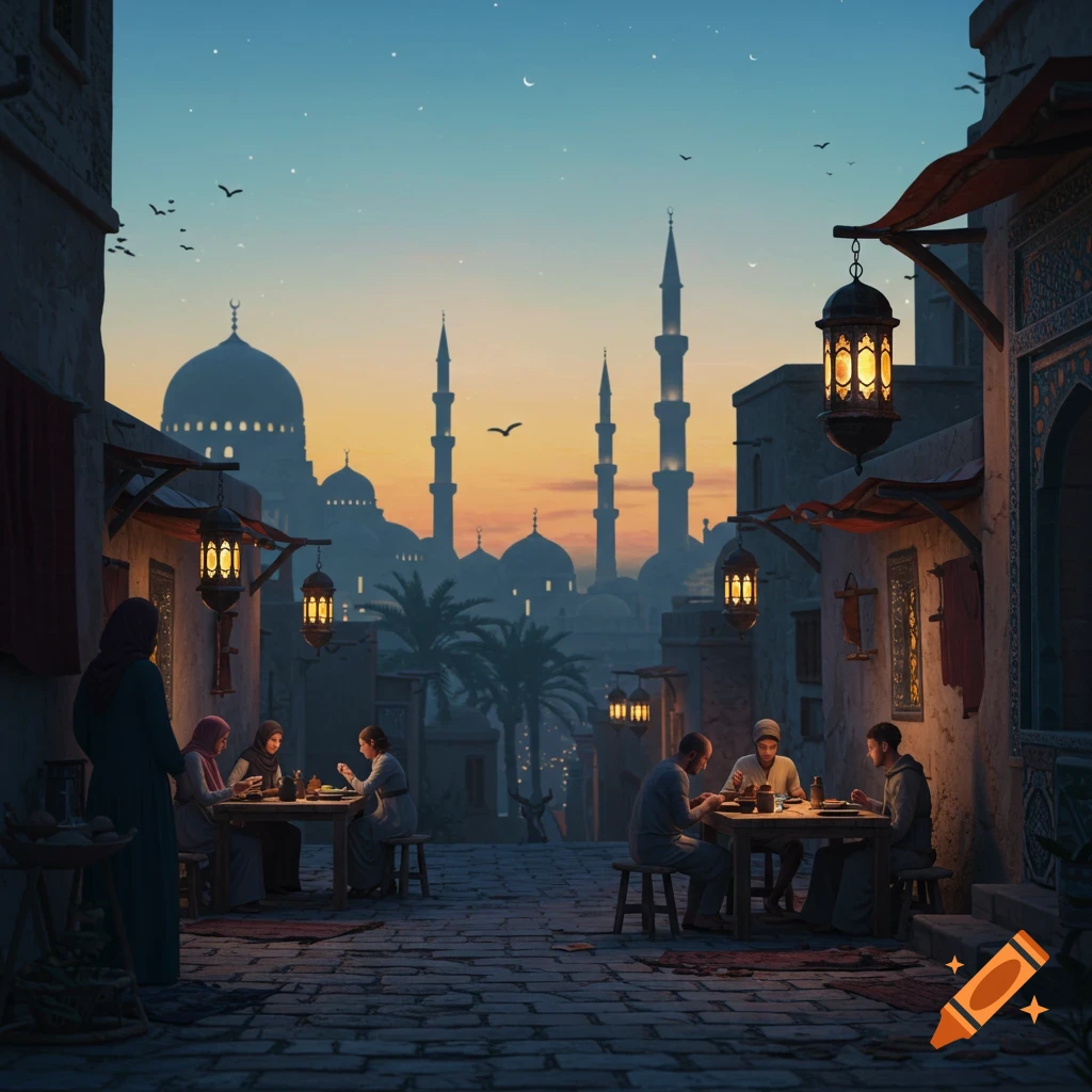 People dine on an old city street at sunset, with illuminated mosques and minarets in the distance.