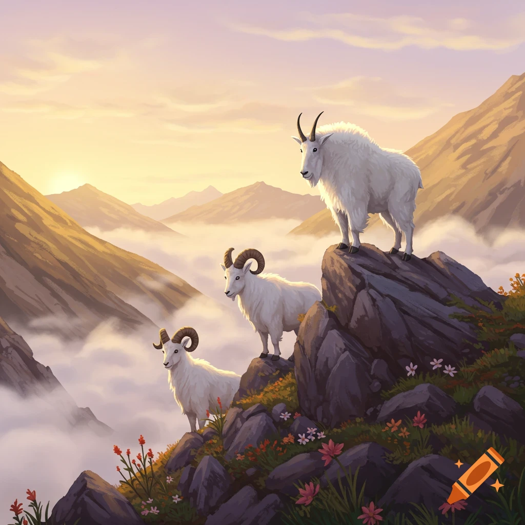 Three mountain goats stand on rocky peaks overlooking a cloud-filled valley with a glowing sky, in an illustrative style.