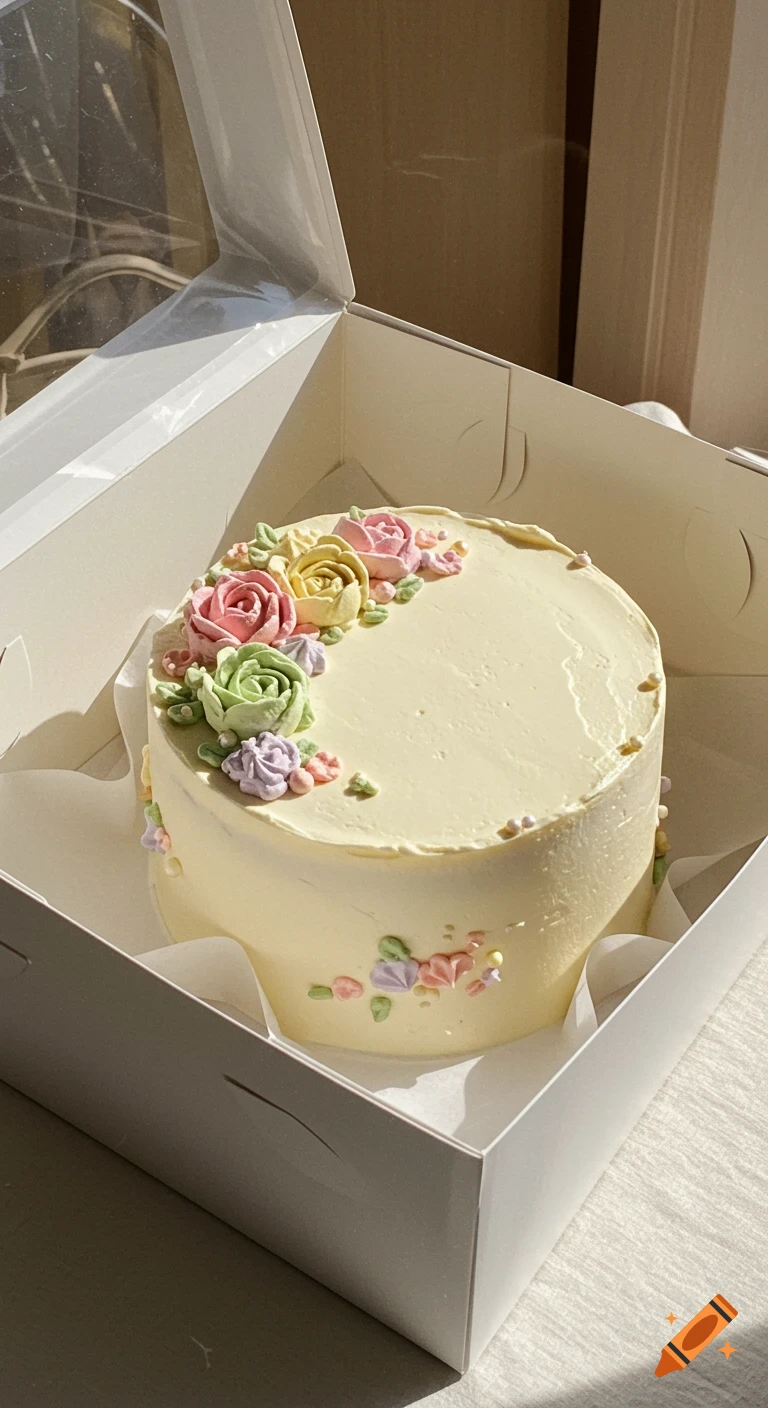A round pale yellow cake decorated with pastel frosting flowers inside a white bakery box, lit by natural light.