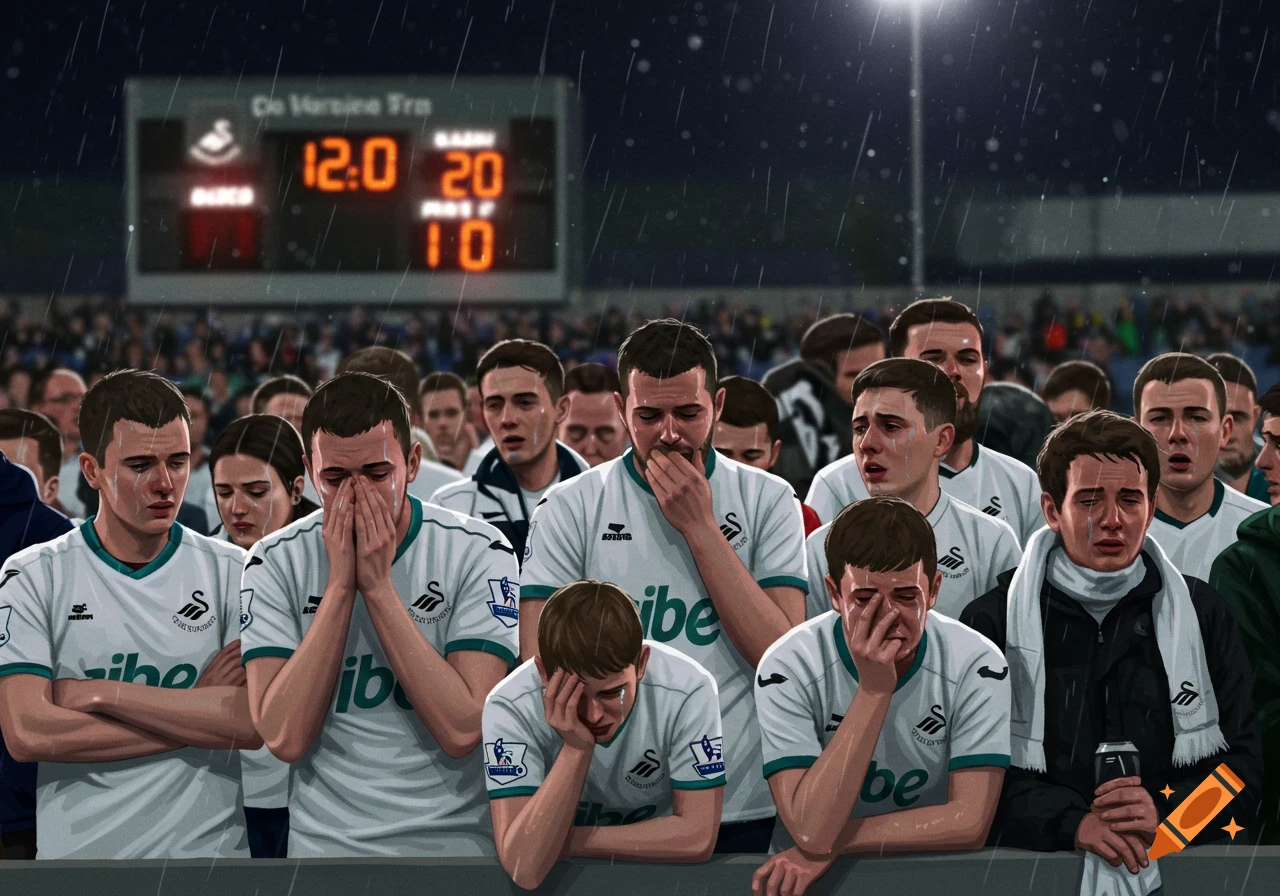Illustration of sad Swansea football fans crying in the rain at a stadium, with a scoreboard showing "12:0 20 10" in the background.