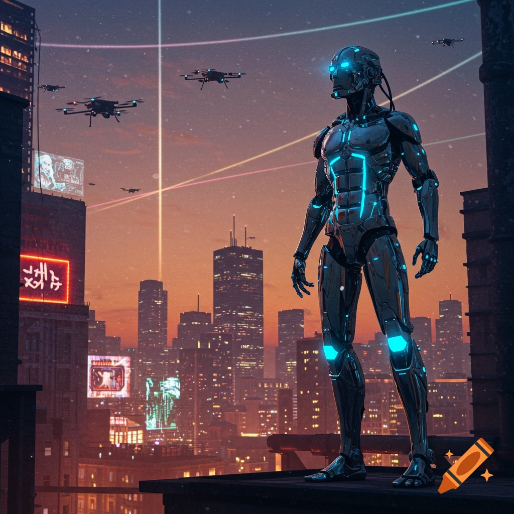 A metallic robot with glowing blue accents stands on a city rooftop at sunset, overlooking a futuristic skyline with flying drones and neon signs.