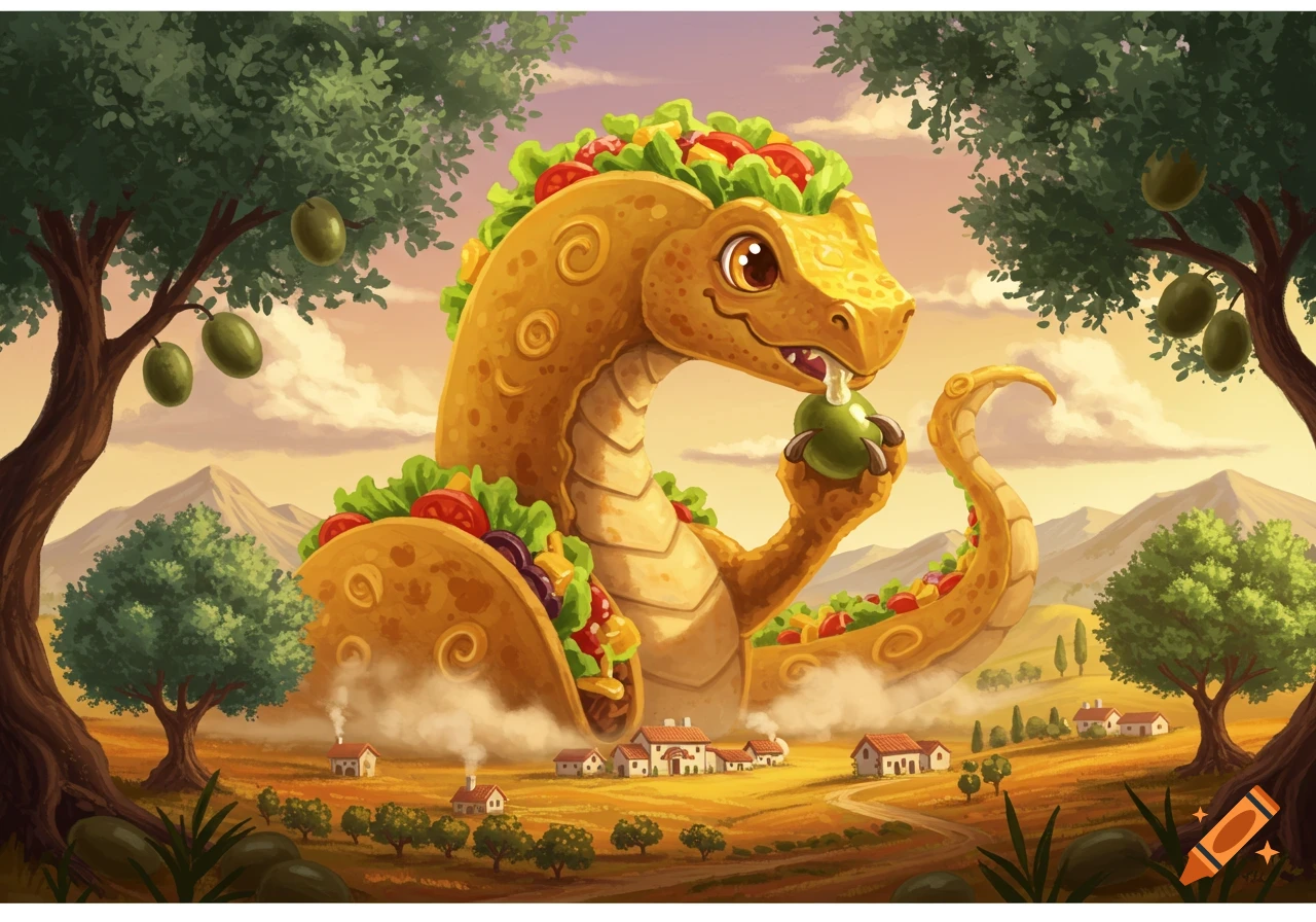A whimsical cartoon taco dragon, garnished with lettuce and tomatoes, eats an olive in a sunny olive grove village.