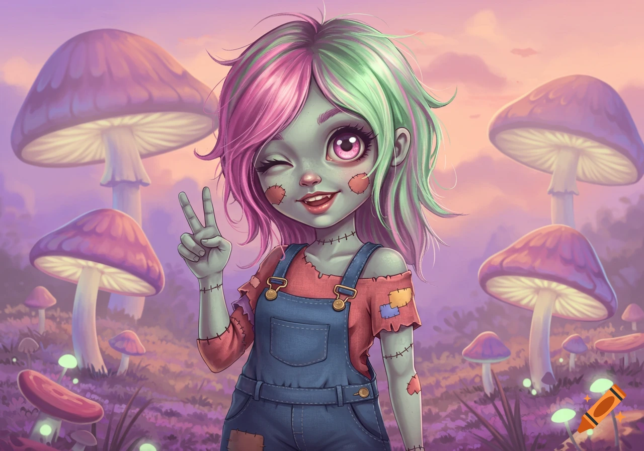 A cute, stylized zombie girl with pink and green hair, stitched skin, and overalls winks and gives a peace sign in a magical mushroom forest.