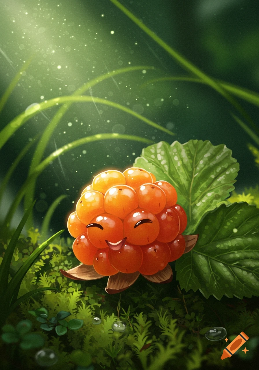 A cute, smiling cartoon cloudberry with a sly expression, nestled in bright green foliage under dappled sunlight.