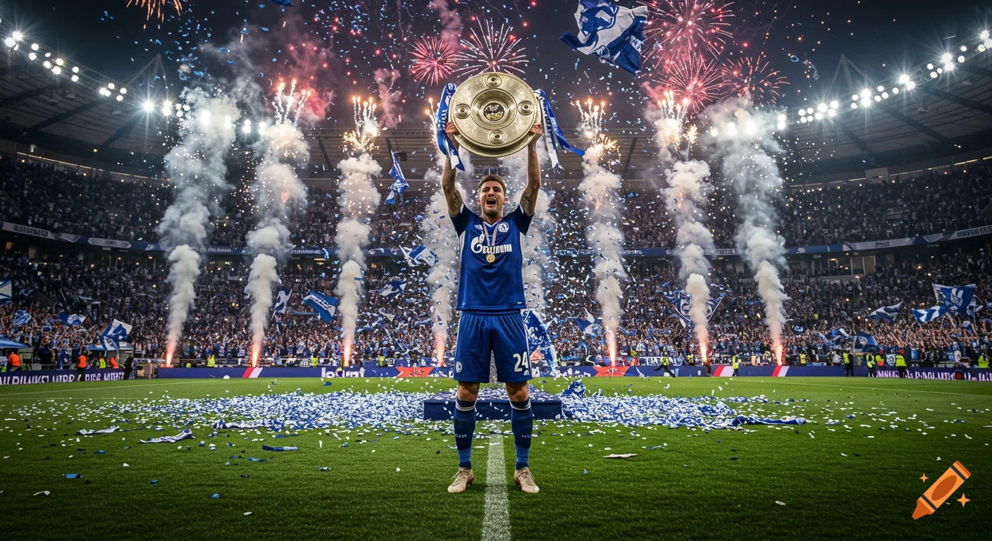 A soccer player in a blue uniform holds a trophy above his head on a confetti-strewn field, with fireworks and cheering fans in a stadium.