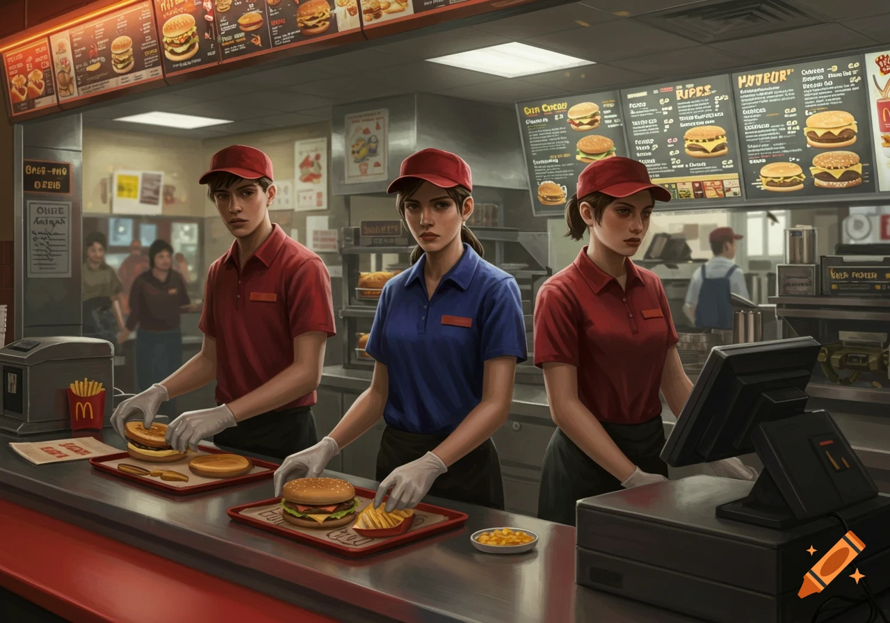 Three young fast-food workers in red and blue shirts with monotone expressions, preparing burgers and fries behind a counter in a restaurant.