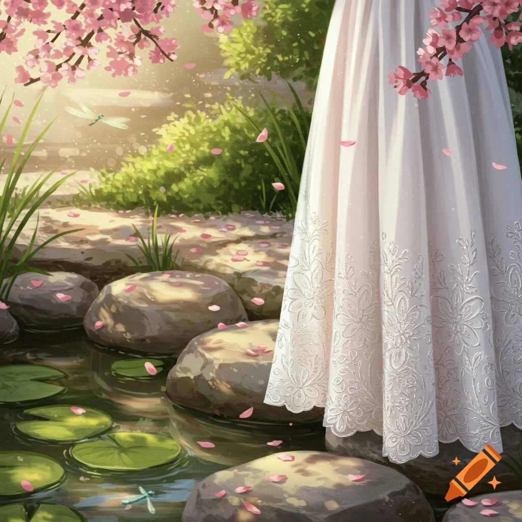 Anime illustration of a white dress with floral embroidery by a pond, stepping stones, and pink cherry blossoms.