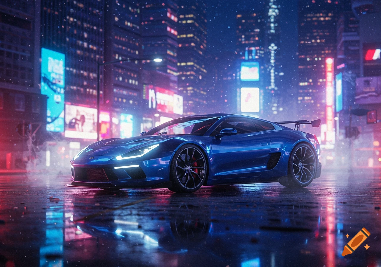 A sleek blue sports car on a wet street, reflecting the neon lights of a futuristic city at night.