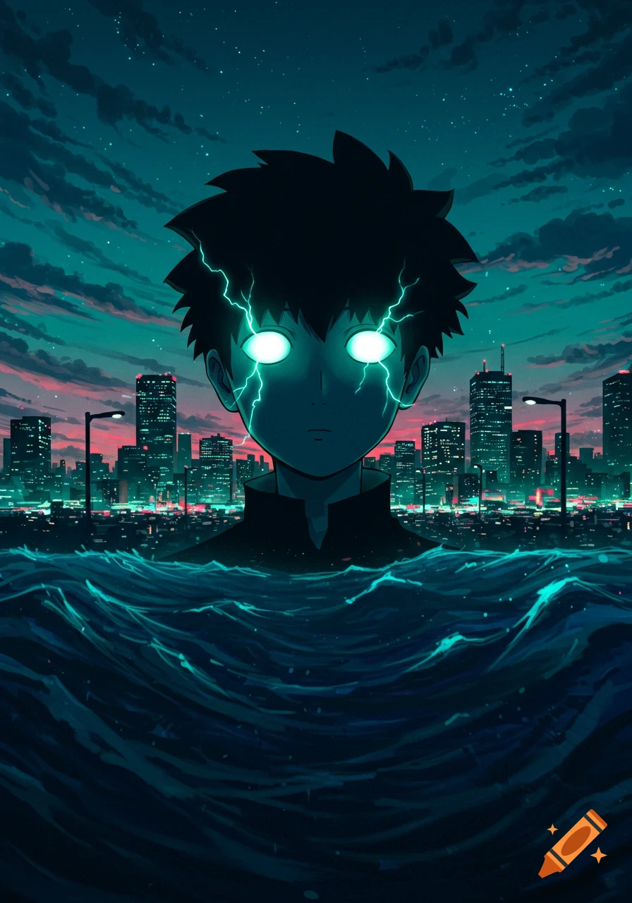 Anime illustration of Mob with glowing electric eyes emerging from dark waves in front of a neon city at night.