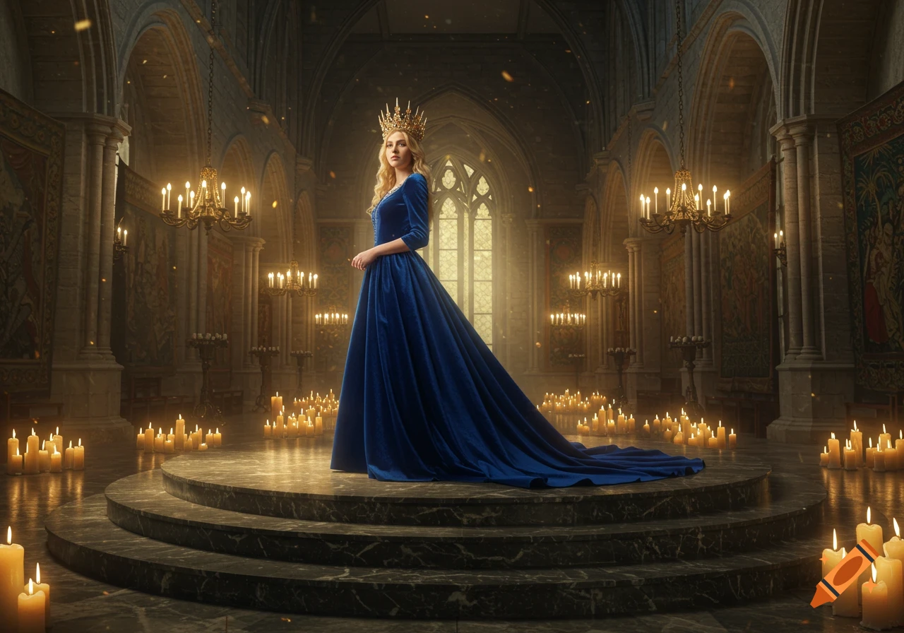 A queen in a gold crown and a flowing blue velvet gown stands on a marble platform in a candlelit grand hall, photorealistic.