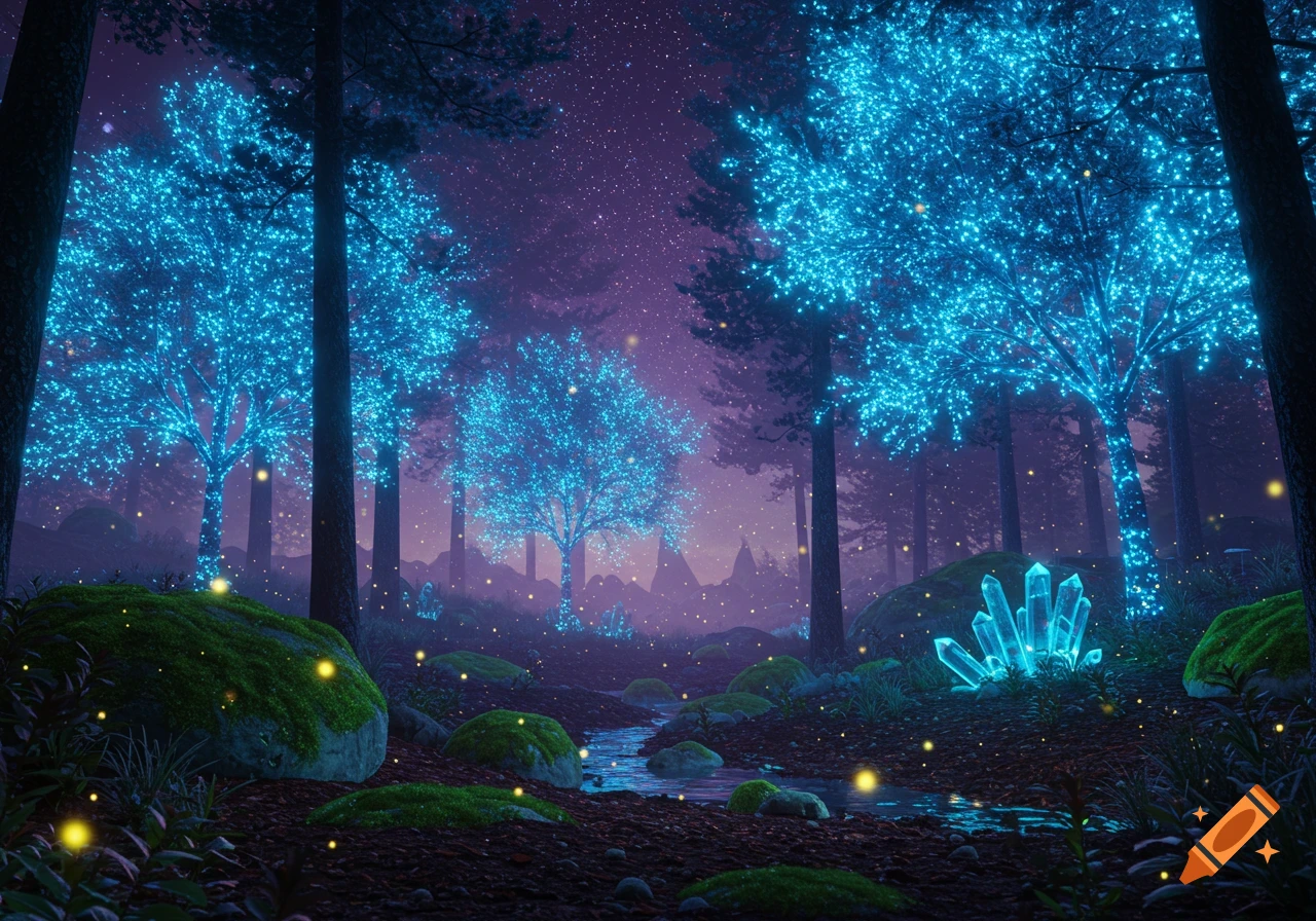 Magical night forest illustration with glowing blue trees, luminous crystals, and firefly-like orbs lighting a stream under a starry purple sky.