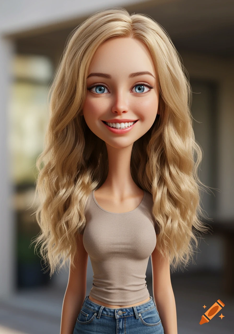 A hyperrealistic cartoon-style blonde woman with a large head, long neck, blue eyes, and a wide smile, wearing a t-shirt and jeans.