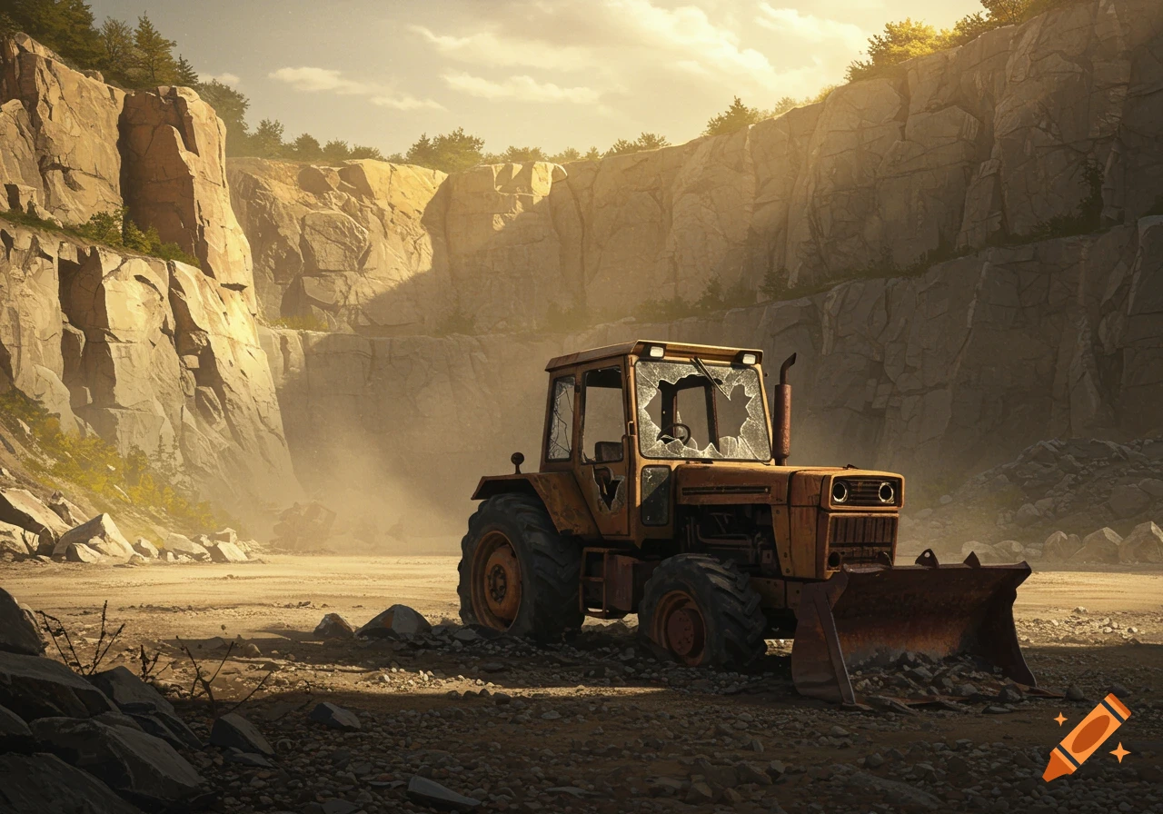 A rusty orange tractor with shattered windows sits in a vast, sun-drenched quarry filled with rock formations and dust.