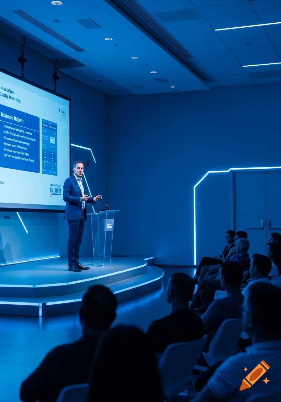 A man in a suit gives a presentation on a stage with a screen and neon lights to an audience in a dark, blue-lit room.