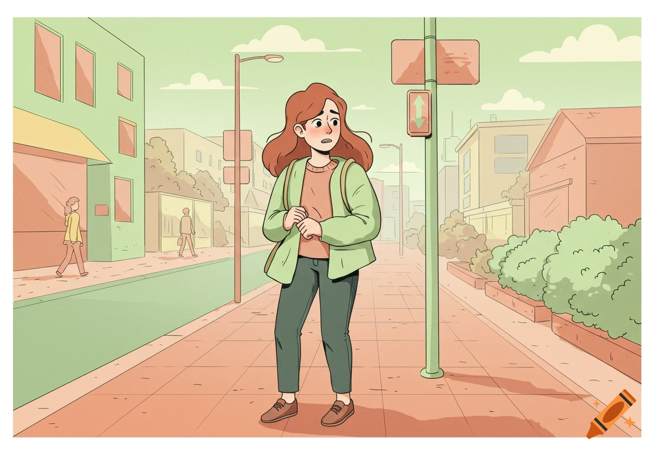 A cartoon woman with red hair stands on a city sidewalk looking anxious. The scene is drawn in flat design with pastel green and terracotta colors.