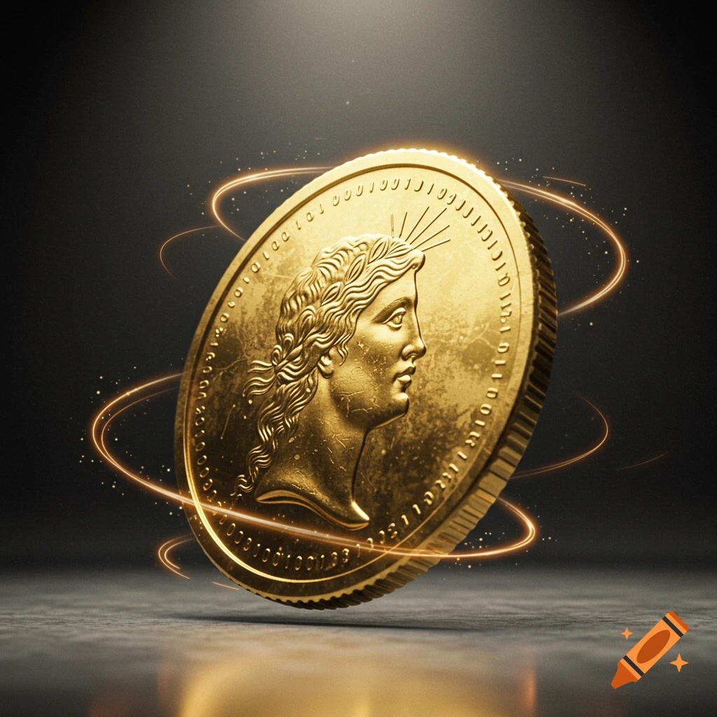 A golden coin with a woman's profile, spinning on its edge with magical golden light trails against a dark background.