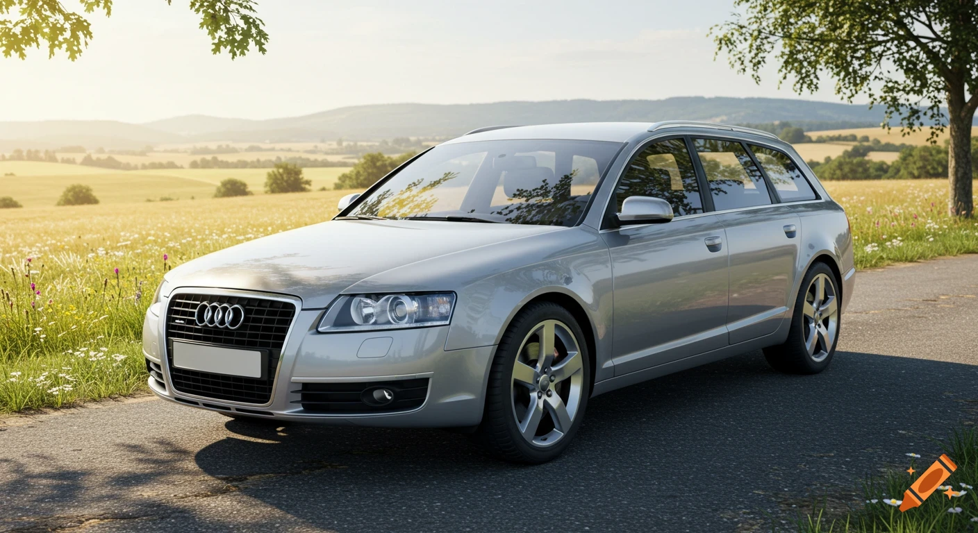 A silver Audi A6 C6 Avant station wagon parked on an asphalt road next to a sunny field with wildflowers and trees, under a bright sky.