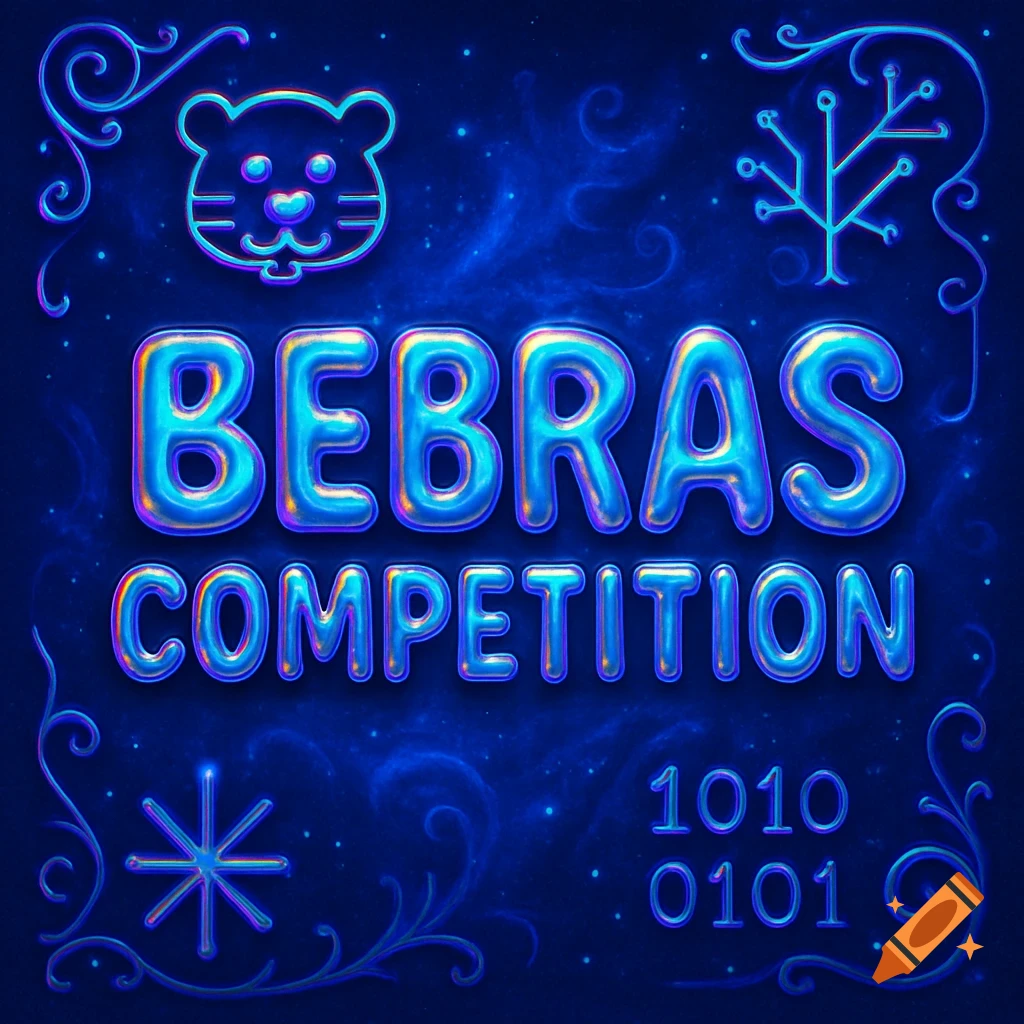 Glowing 3D bubble text 'BEBRAS COMPETITION' on a dark blue starry background with a beaver logo, circuit tree, snowflake, and binary code.