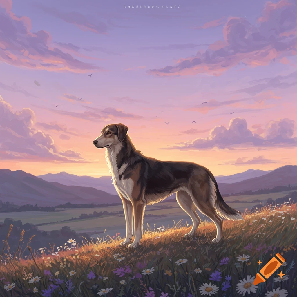 An illustration of a dog standing on a grassy hill covered in wildflowers, looking out over a mountain landscape at sunset.