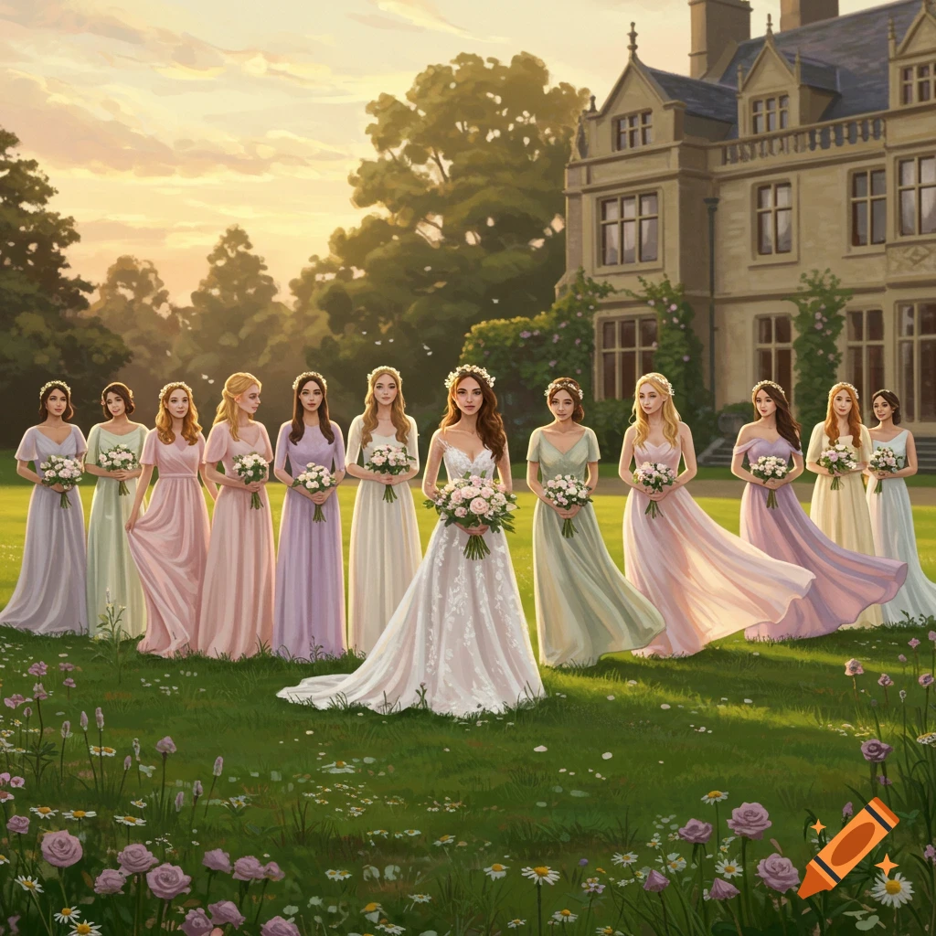 A bride in a white gown stands with ten bridesmaids in pastel dresses on a grassy lawn in front of a manor house at sunset in an illustrative style.