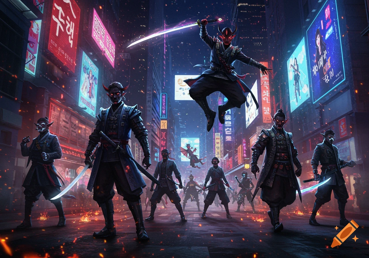Dynamic digital art of demon hunters in a neon-lit cyberpunk city, with glowing swords and one jumping mid-air.