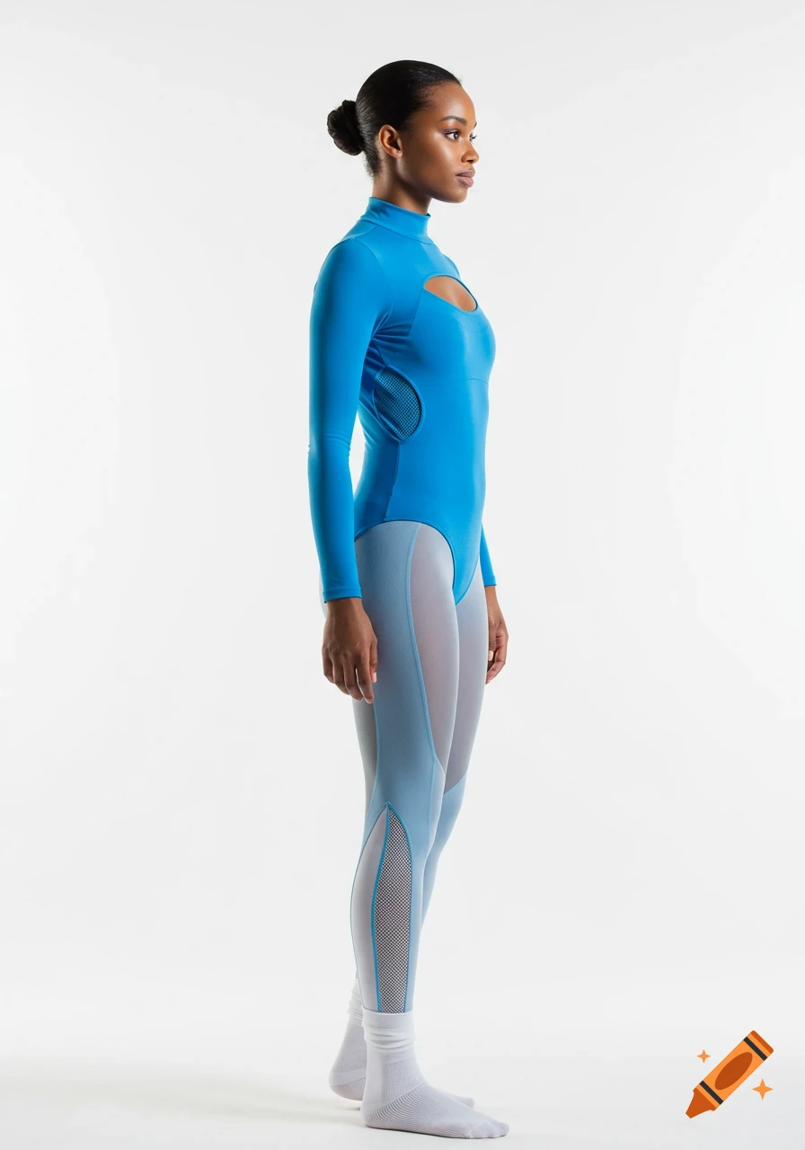 A woman in a blue turtleneck long-sleeve leotard with mesh cutouts and grey mesh leggings stands in profile against a white background.