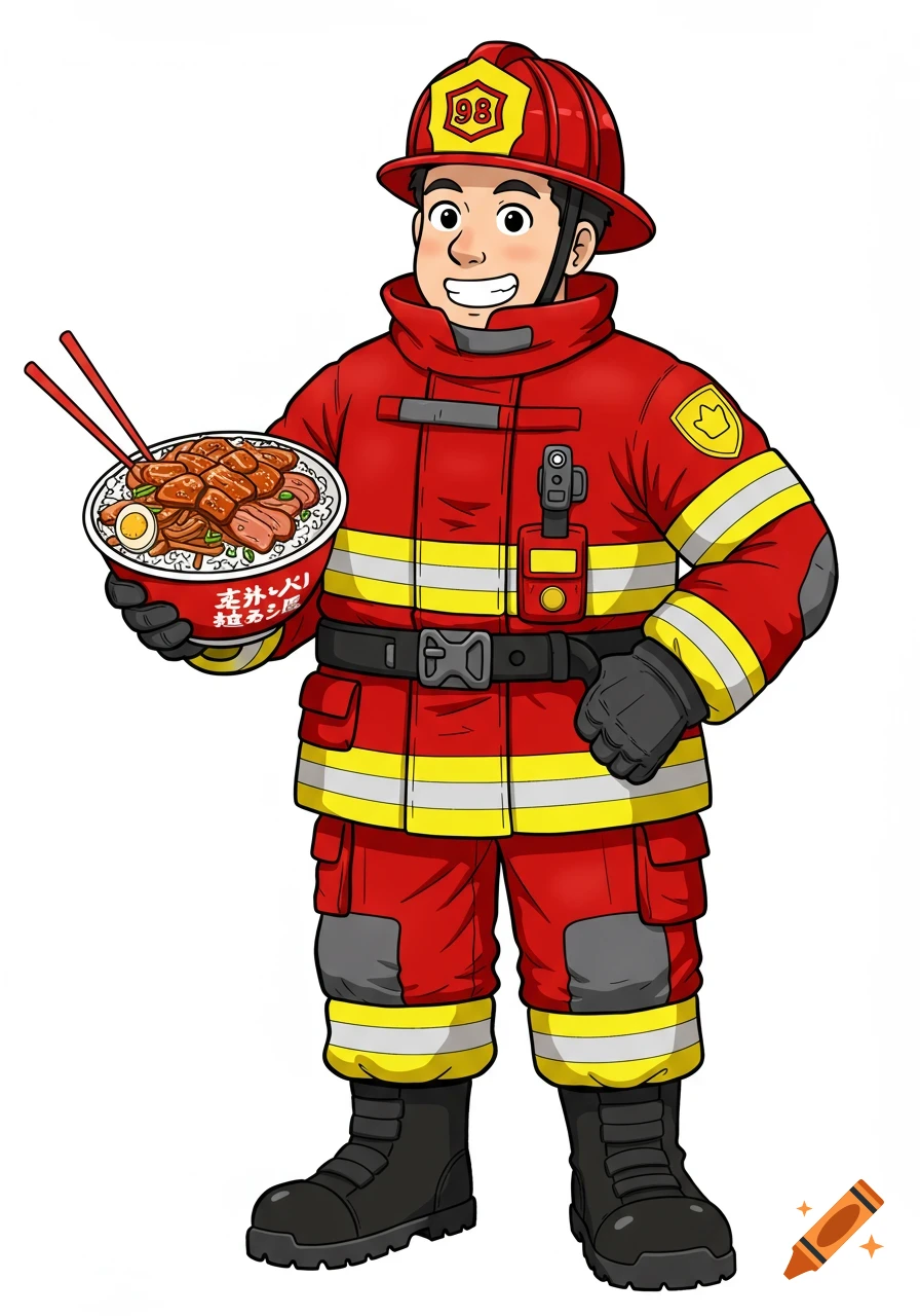 A smiling cartoon firefighter in a red uniform and helmet proudly holds a bowl of rice with meat and chopsticks on a white background.