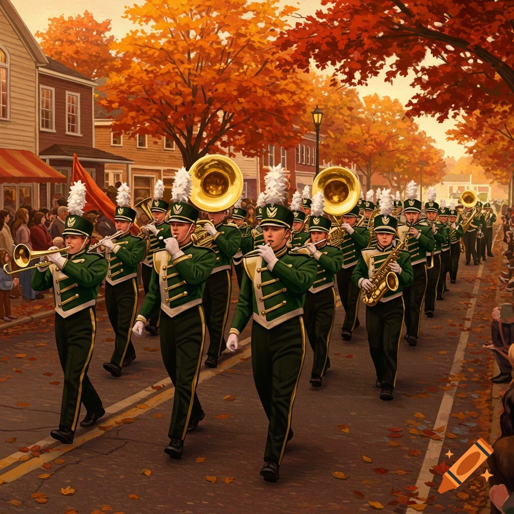 A marching band in green and white uniforms plays brass and woodwind instruments while parading down an autumn street lined with fall foliage.