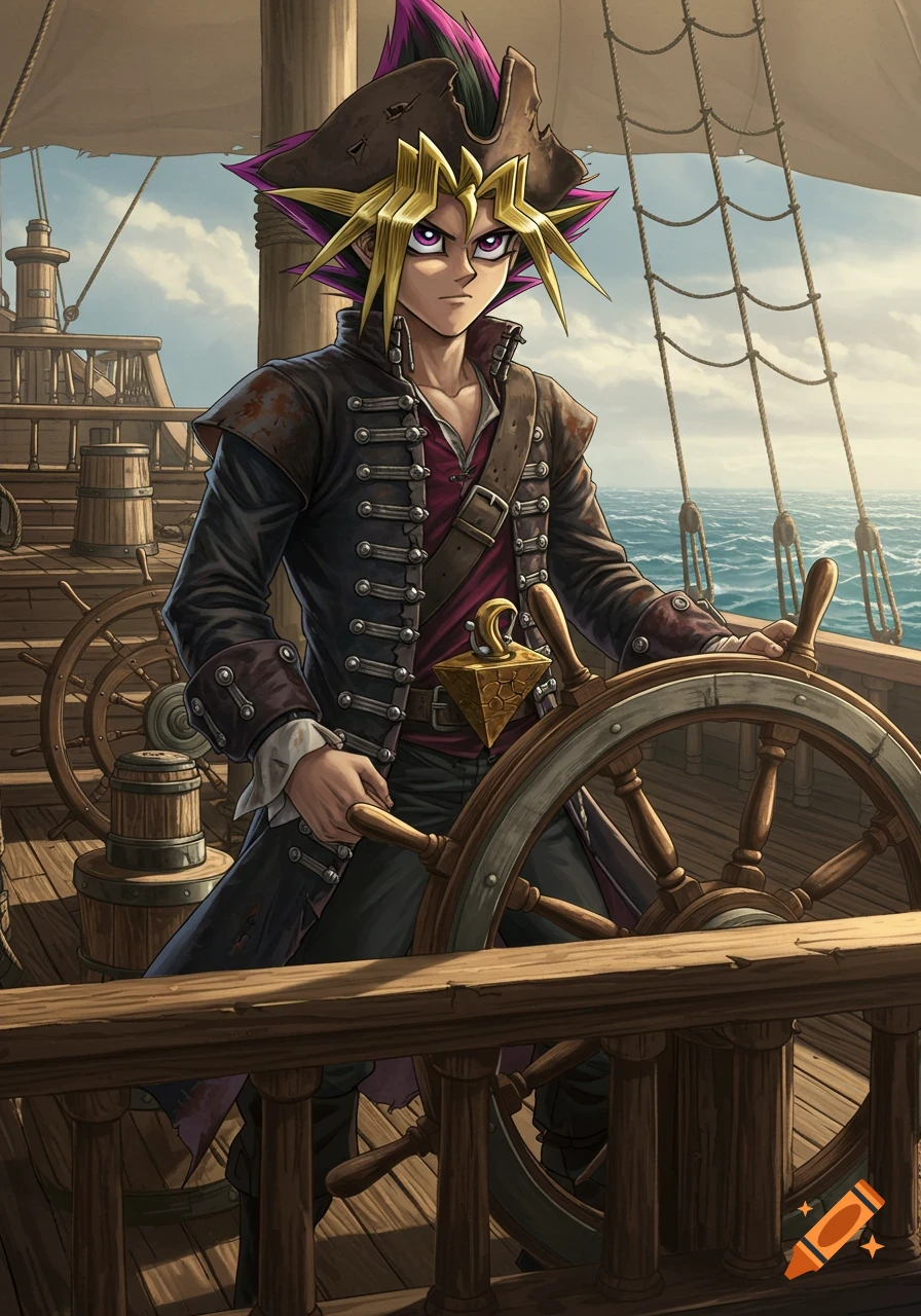 An anime character, Yugi Muto, dressed as a pirate, stands at the helm of a wooden ship on a sunny day.