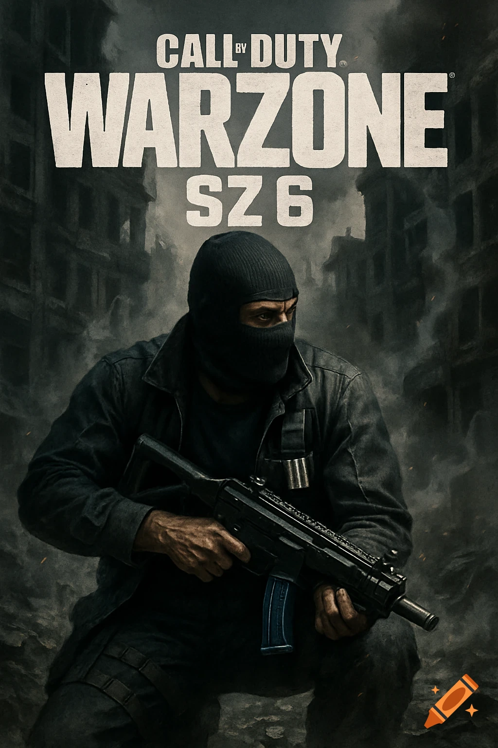 A masked operator in a black ski mask holds a C9 SMG with a blue clip, crouching amidst smoky, destroyed city ruins. The title 'CALL OF DUTY WARZONE SZ 6' is at the top.