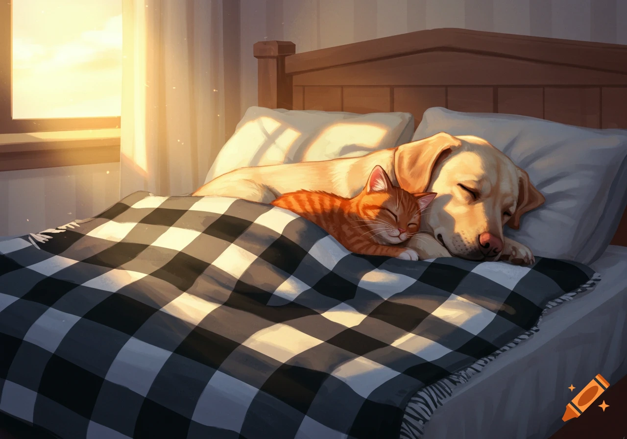Illustrated scene of a yellow Labrador dog and an orange cat sleeping side-by-side on a bed under a plaid blanket, bathed in warm sunrise light.