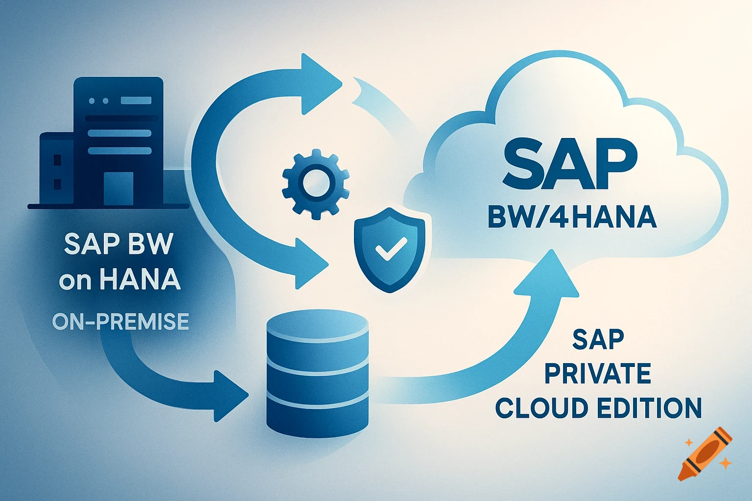 Illustrated flow diagram showing SAP BW on HANA on-premise migrating to SAP BW/4HANA and SAP Private Cloud Edition in the cloud.