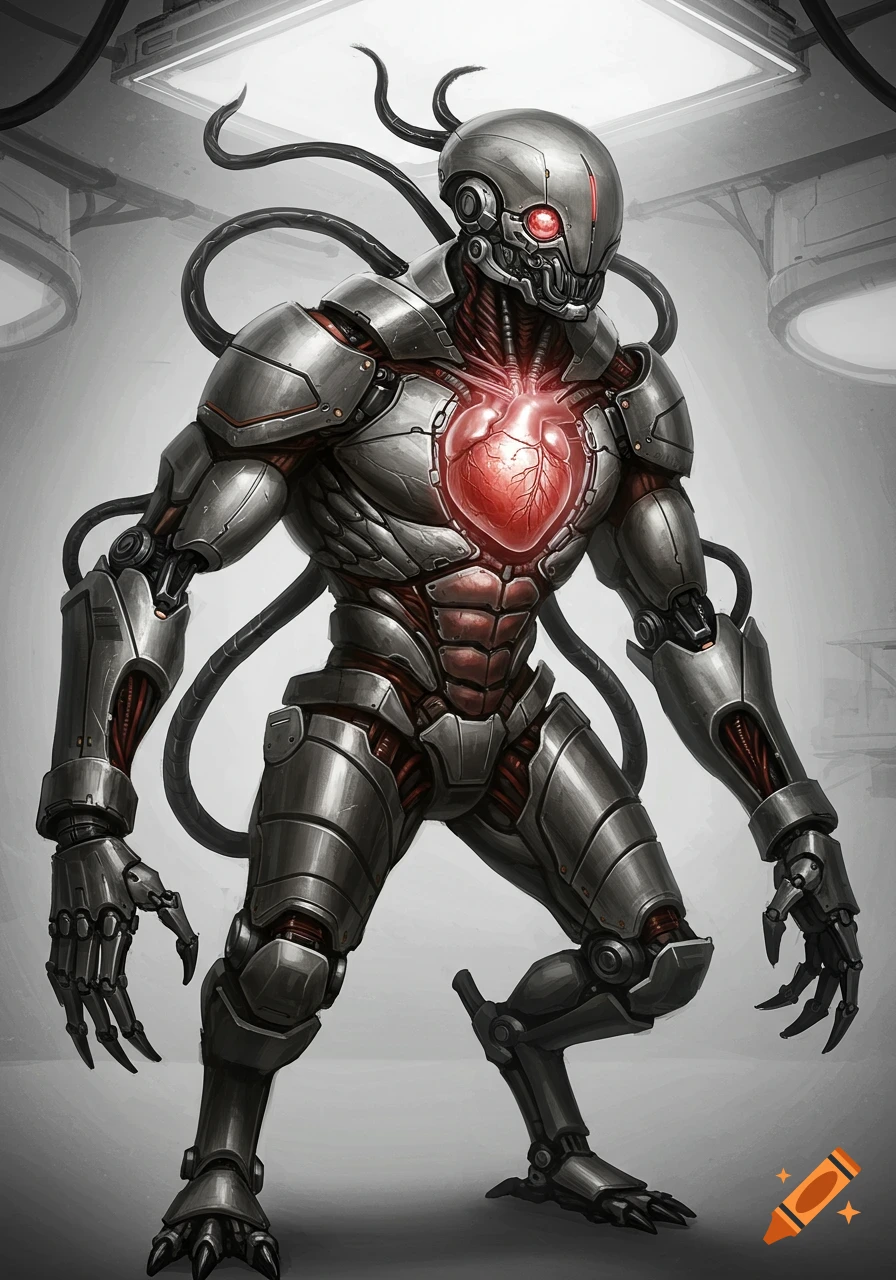 A full-body illustration of a menacing biomechanical robot with an exposed, glowing red organic heart and cables, in a sci-fi lab.